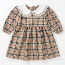 KWD03: Baby Girls Beige Tartan Dress With Lace Trim & Lining (0-4 years, Made in UK)